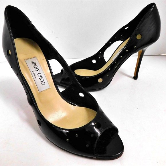 Jimmy Choo Black Patent Leather Open Toe Pumps Heels Italy 40 - Picture 1 of 6